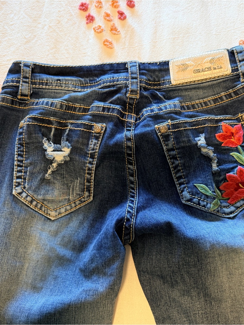 Grace Women's Dark Blue Skinny Jeans with Red Floral Embroidery